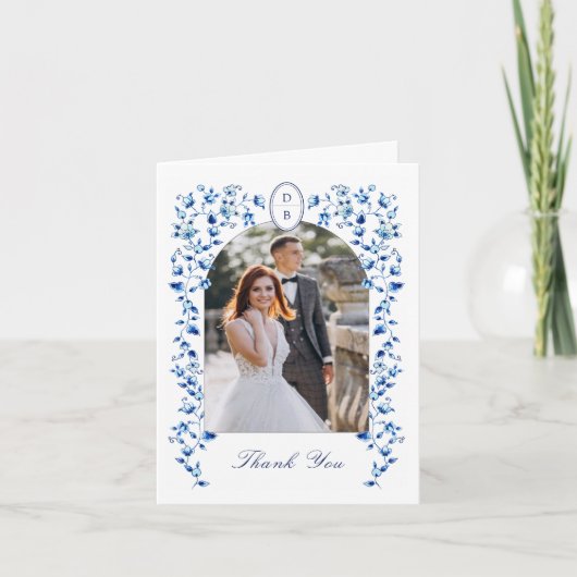 青と白のデルフトフォト結婚ズ サンキューカード (正面)