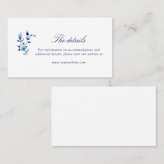 青と白のデルフト結婚の詳細カード プレイスカード (正面/裏面)