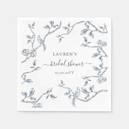 青と白のトイルフランスのブライダルシャワー スタンダードカクテルナプキン (正面)