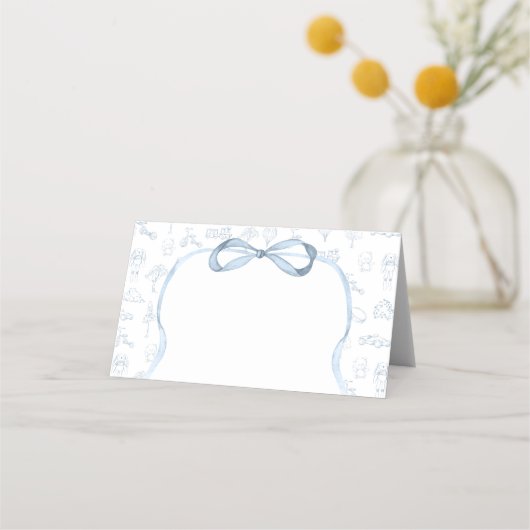 青と白のトイル赤ちゃんシャワー プレイスカード (正面)