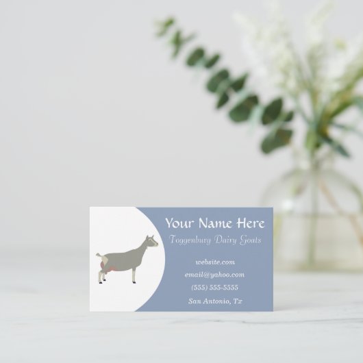 青と白のトッゲンブルク酪農家ヤギ 名刺 (スタンド正面)