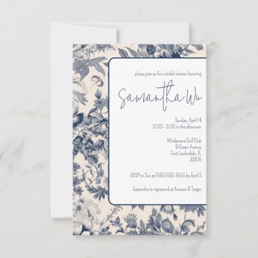 青と白のトワフランスのールブライダルシャワー 招待状 (正面)