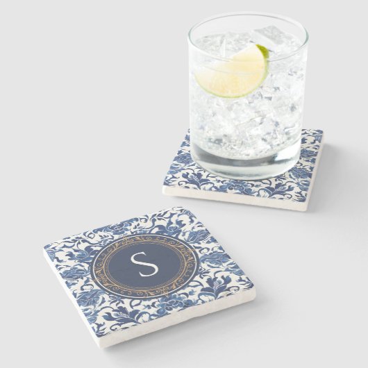青と白のトワールチノフランスのイセリー ストーンコースター (横)