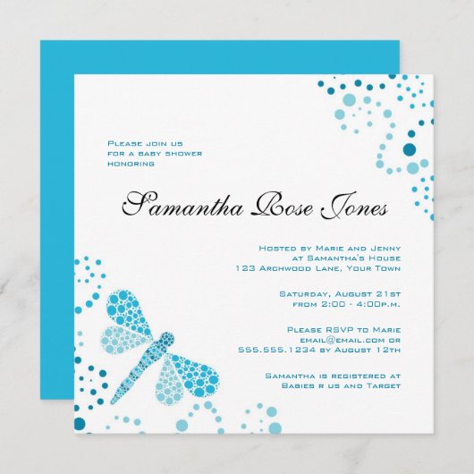 青と白のトンボの赤エレガントちゃんシャワー 招待状 (正面/裏面)