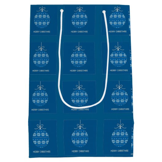 青と白のニットのメリークリスマスオーナメント ミディアムペーパーバッグ (裏面)