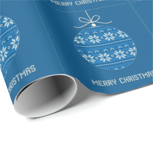 青と白のニットのメリークリスマスオーナメント ラッピングペーパー (ロールコーナー)