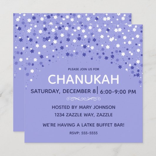 青と白のハヌカーの星 招待状 (正面/裏面)
