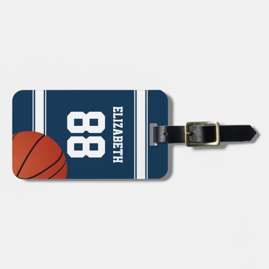 青と白のバスケッストライプトボールジャージー ラゲッジタグ (正面横)
