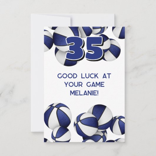 青と白のバスケットボールでゲームでの幸運を祈る カード (正面)