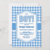 青と白のバッファローのプレイド赤ちゃんシャワー 招待状 (正面)