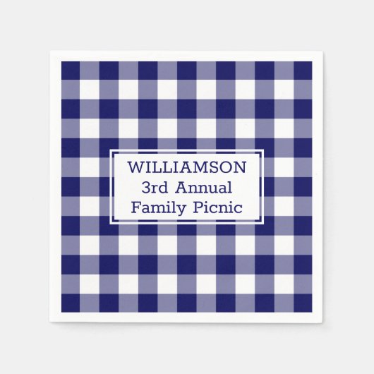青と白のバッファローチェック名ファミリーピクニック スタンダードカクテルナプキン (正面)