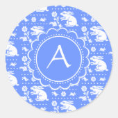 青と白のバニーウサギヴィンテージスタイルパターン ラウンドシール (正面)