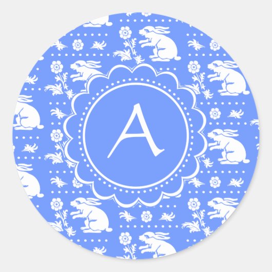 青と白のバニーウサギヴィンテージスタイルパターン ラウンドシール (正面)