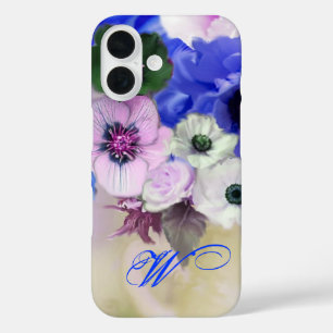 青と白のバラとアネモネの花のモノグラム iPhone 16ケース