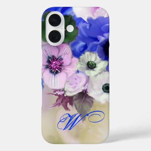 青と白のバラとアネモネの花のモノグラム Case-Mate iPhoneケース (裏面)