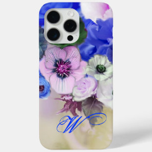 青と白のバラとアネモネの花のモノグラム iPhone 15 PRO MAXケース