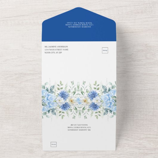 青と白のバラとダリアのウェディング オールインワン招待状 (外側)