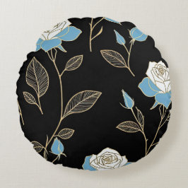 青と白のバラと金ゴールドトリム ラウンドクッション