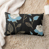 青と白のバラと金ゴールドトリム ランバークッション (ブランケット)