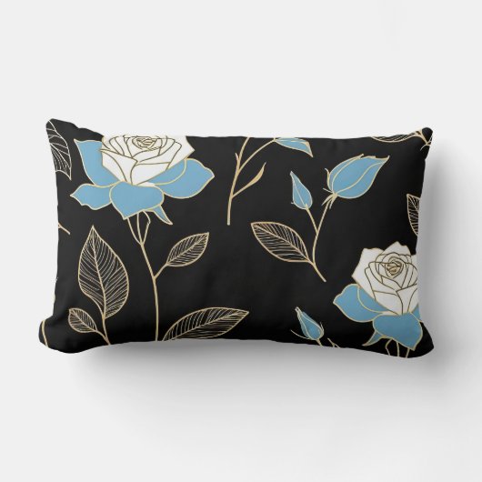 青と白のバラと金ゴールドトリム ランバークッション (正面)