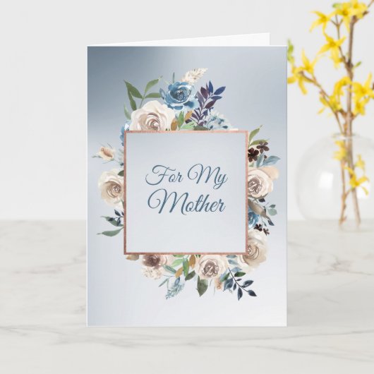 青と白のバラの枠の母の日 カード (黄色い花)