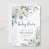 青と白のバラフローラゴールドフォイルベビーシャワー 招待状 (正面)