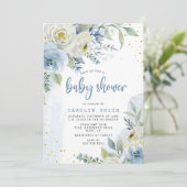 青と白のバラフローラゴールドフォイルベビーシャワー 招待状 (スタンド正面)