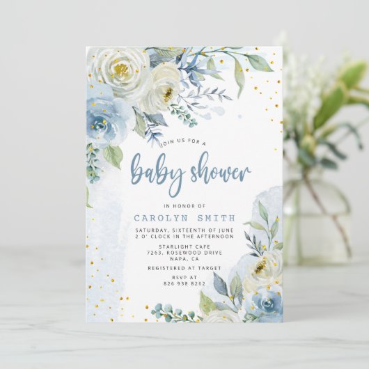 青と白のバラフローラゴールドフォイルベビーシャワー 招待状 (スタンド正面)