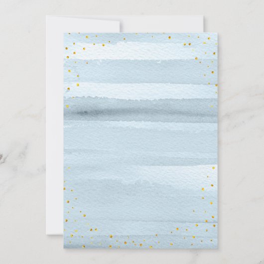 青と白のバラフローラゴールドフォイルベビーシャワー 招待状 (裏面)