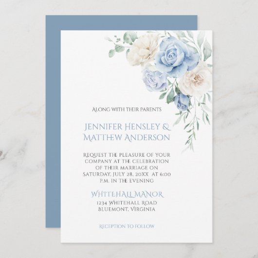 青と白のバラ、牡丹結婚式招待状 招待状 (正面/裏面)