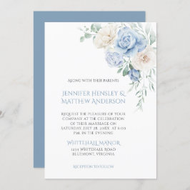 青と白のバラ、牡丹結婚式招待状 招待状