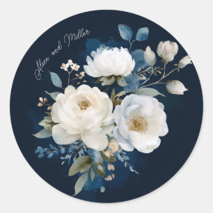 青と白のパインタリーフローラ結婚の感謝 ラウンドシール