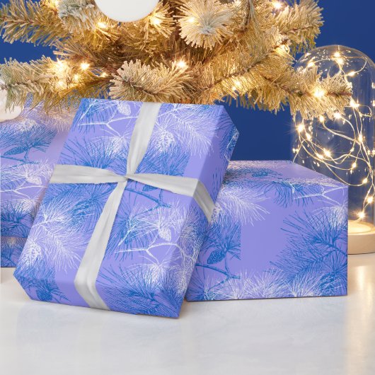 青と白のパインホリデーパターン ラッピングペーパー (クリスマス)
