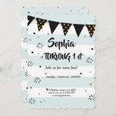 青と白のパタストライプのーンバースデーカード 招待状 (正面/裏面)