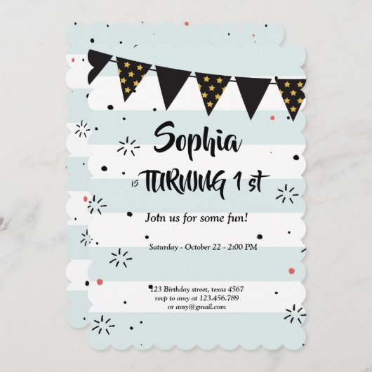 青と白のパタストライプのーンバースデーカード 招待状 (正面/裏面)