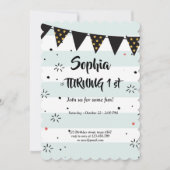 青と白のパタストライプのーンバースデーカード 招待状 (正面)