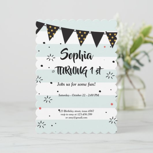 青と白のパタストライプのーンバースデーカード 招待状 (スタンド正面)