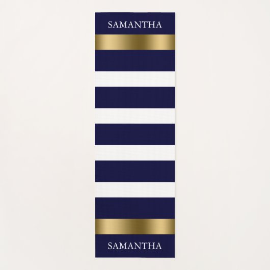 青と白のパターストライプン金ゴールドアクセント ヨガマット (正面)