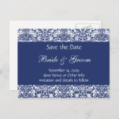 青と白のパーソナライズされたダマスク日付の保存 案内ポストカード (正面/裏面)