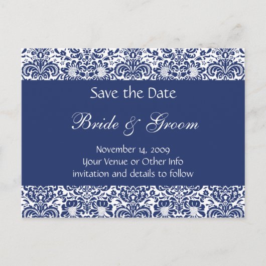 青と白のパーソナライズされたダマスク日付の保存 案内ポストカード (正面)