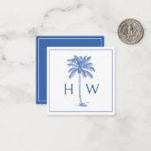 青と白のパームパルメットツリーモノグラム ノートカード (正面/裏面インサイチュ)