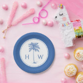 青と白のパームパルメットツリーモノグラム ペーパープレート (パーティー)