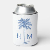 青と白のパームパルメットツリー モノグラム 缶クーラー (缶正面)