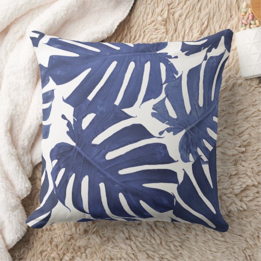 青と白のパーム熱帯離れパターン クッション (ブランケット)