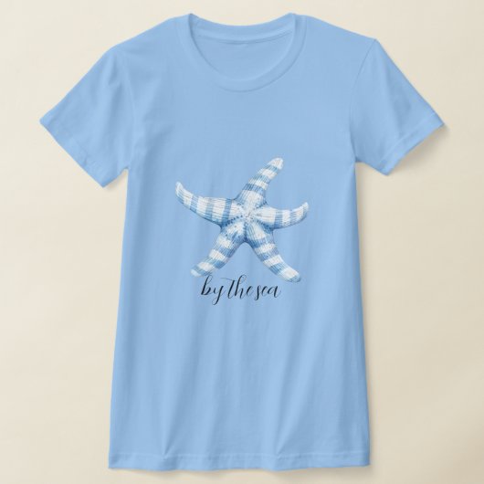 青と白のヒトデのビーチ Tシャツ (レイダウン)