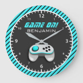 青と白のビデオゲームコントローラー子供部屋 ラージ壁時計 (正面)