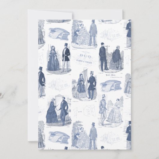 青と白のビンテージ ファッション フレンチ トワール 招待状 (正面)