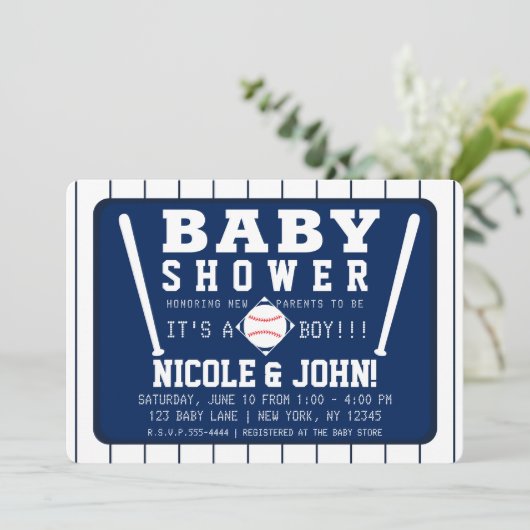 青と白のピンプリペス野球赤ちゃんシャワー 招待状 (スタンド正面)