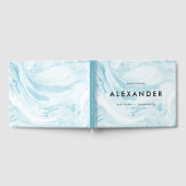 青と白のフェイク大理石モダンの結婚写真 ゲストブック (全面)