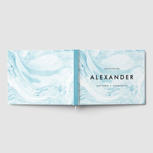 青と白のフェイク大理石モダンの結婚写真 ゲストブック (全面)
